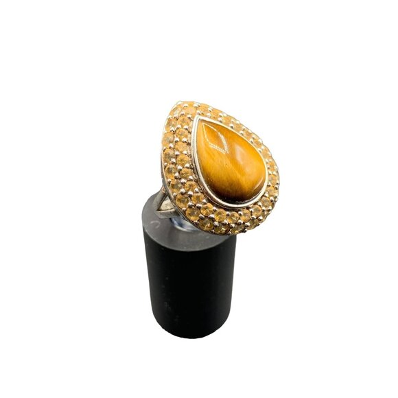 Tiger Eye Ring Drop Shaped Citrine Pave Sterling Silver Elegant Cocktail Ring - Picture 1 of 5